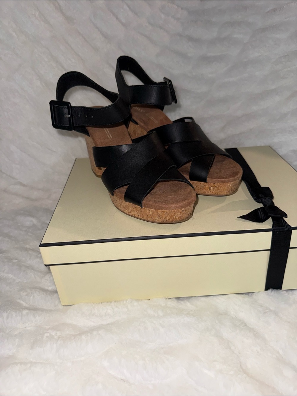 TOMS Black Leather Cork Wedge Sandals Ankle Strap Women’s